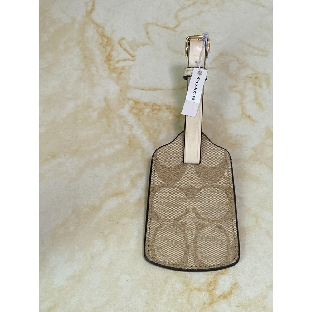 NWT Coach Luggage Leather Tag CF888 Light Khaki Signature Canvas / Chalk Leather